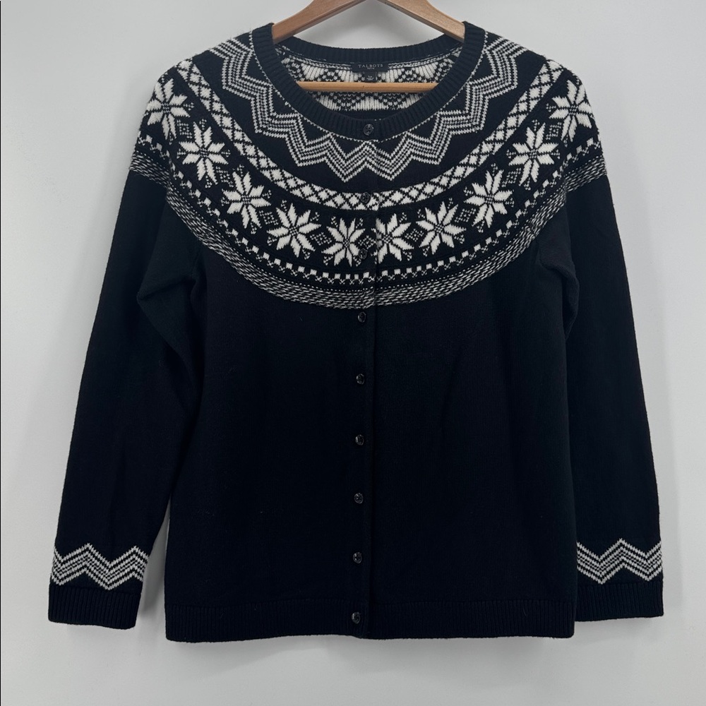 Talbots Snowflake Fair Isle Cardigan Black & White Size Large Petite - Picture 2 of 8